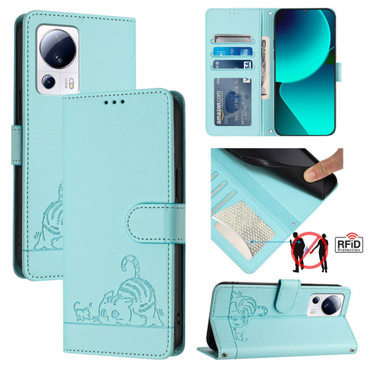 Xiaomi 13 Lite 5G Global Cat and Mouse Embossed PU Leather RFID Case with Wallet Slots, Anti-Fall Protection, Kickstand, and Lanyard-buycases.co.uk