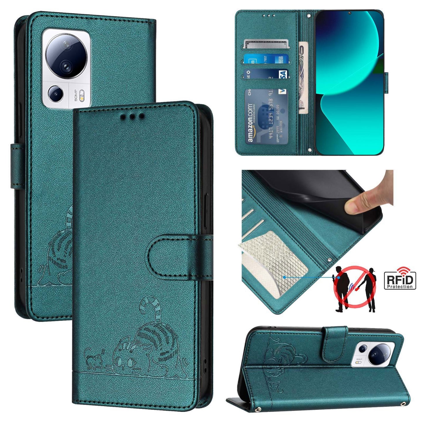 Xiaomi 13 Lite 5G Global Cat and Mouse Embossed PU Leather RFID Case with Wallet Slots, Anti-Fall Protection, Kickstand, and Lanyard-buycases.co.uk
