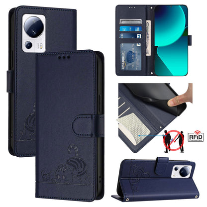 Xiaomi 13 Lite 5G Global Cat and Mouse Embossed PU Leather RFID Case with Wallet Slots, Anti-Fall Protection, Kickstand, and Lanyard-buycases.co.uk