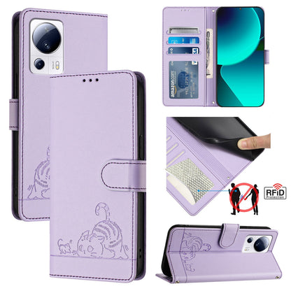 Xiaomi 13 Lite 5G Global Cat and Mouse Embossed PU Leather RFID Case with Wallet Slots, Anti-Fall Protection, Kickstand, and Lanyard-buycases.co.uk