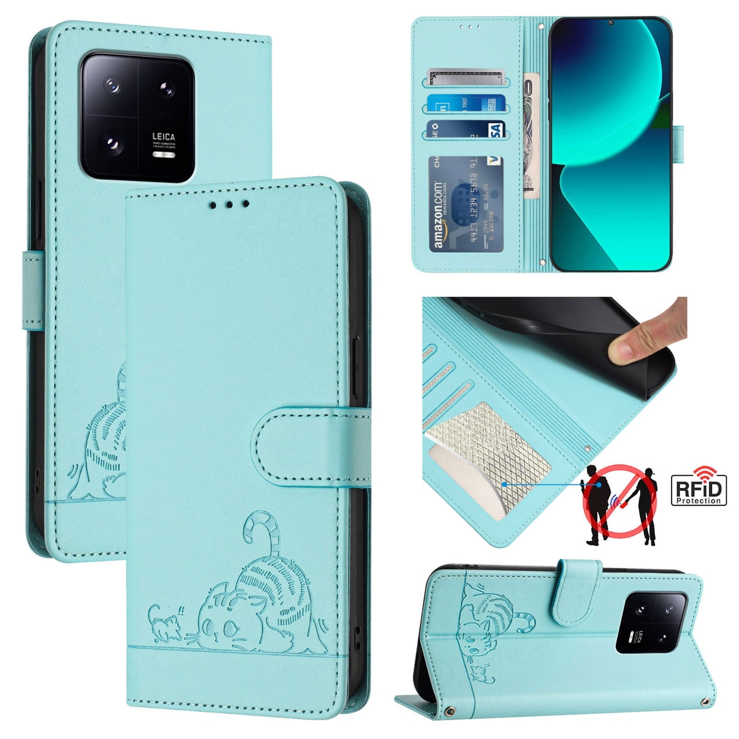 Xiaomi 13 Pro 5G Cat and Mouse Embossed PU Leather RFID Case with Wallet Slots, Anti-Fall Protection, Kickstand, and Lanyard-buycases.co.uk