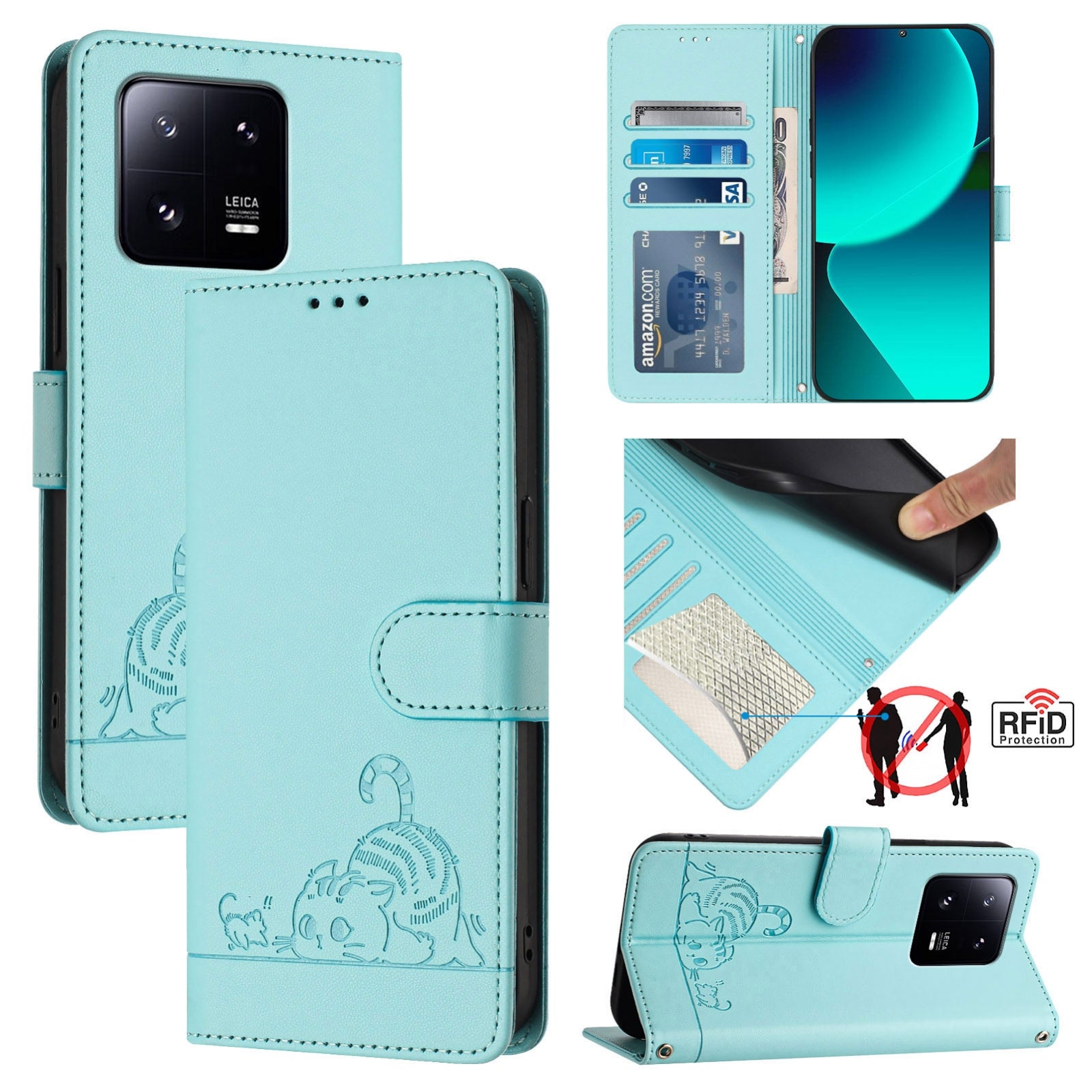 Xiaomi 13 Pro 5G Cat and Mouse Embossed PU Leather RFID Case with Wallet Slots, Anti-Fall Protection, Kickstand, and Lanyard-buycases.co.uk