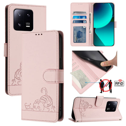 Xiaomi 13 Pro 5G Cat and Mouse Embossed PU Leather RFID Case with Wallet Slots, Anti-Fall Protection, Kickstand, and Lanyard-buycases.co.uk