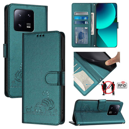 Xiaomi 13 Pro 5G Cat and Mouse Embossed PU Leather RFID Case with Wallet Slots, Anti-Fall Protection, Kickstand, and Lanyard-buycases.co.uk