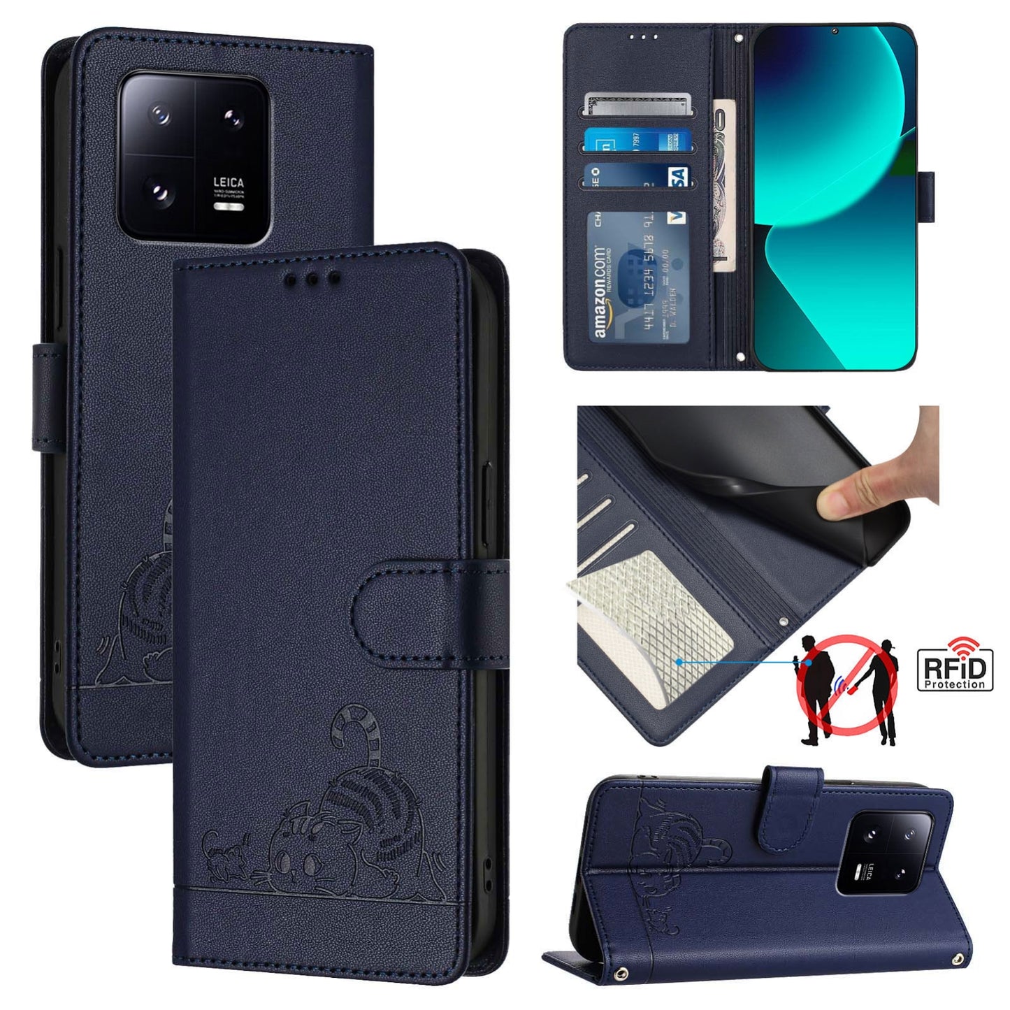 Xiaomi 13 Pro 5G Cat and Mouse Embossed PU Leather RFID Case with Wallet Slots, Anti-Fall Protection, Kickstand, and Lanyard-buycases.co.uk