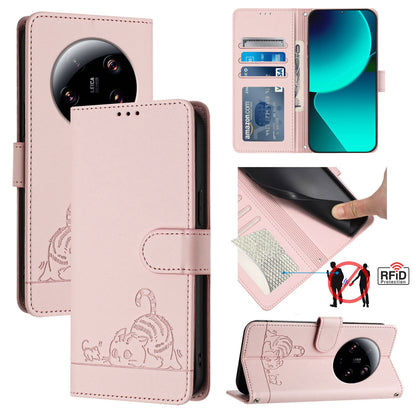 Xiaomi 13 Ultra Cat and Mouse Embossed PU Leather RFID Case with Wallet Slots, Anti-Fall Protection, Kickstand, and Lanyard-buycases.co.uk