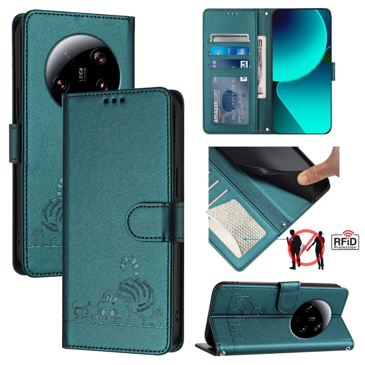 Xiaomi 13 Ultra Cat and Mouse Embossed PU Leather RFID Case with Wallet Slots, Anti-Fall Protection, Kickstand, and Lanyard-buycases.co.uk