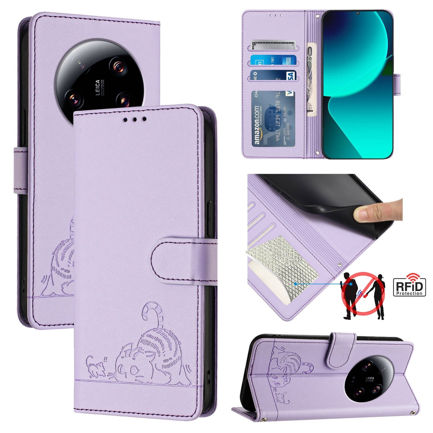 Xiaomi 13 Ultra Cat and Mouse Embossed PU Leather RFID Case with Wallet Slots, Anti-Fall Protection, Kickstand, and Lanyard-buycases.co.uk