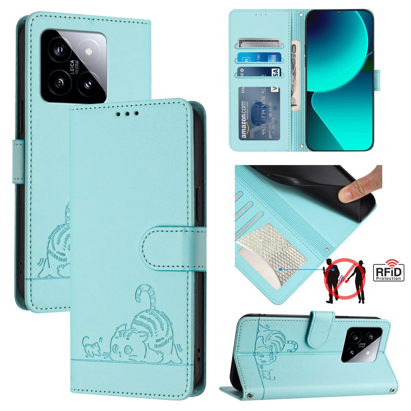 Xiaomi 14 5G Cat and Mouse Embossed PU Leather RFID Case with Wallet Slots, Anti-Fall Protection, Kickstand, and Lanyard-buycases.co.uk