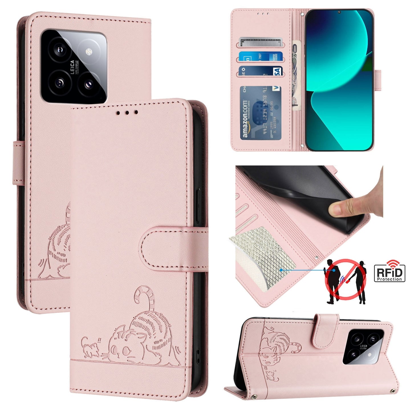 Xiaomi 14 5G Cat and Mouse Embossed PU Leather RFID Case with Wallet Slots, Anti-Fall Protection, Kickstand, and Lanyard-buycases.co.uk