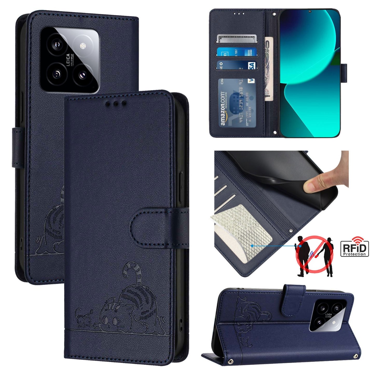 Xiaomi 14 5G Cat and Mouse Embossed PU Leather RFID Case with Wallet Slots, Anti-Fall Protection, Kickstand, and Lanyard-buycases.co.uk
