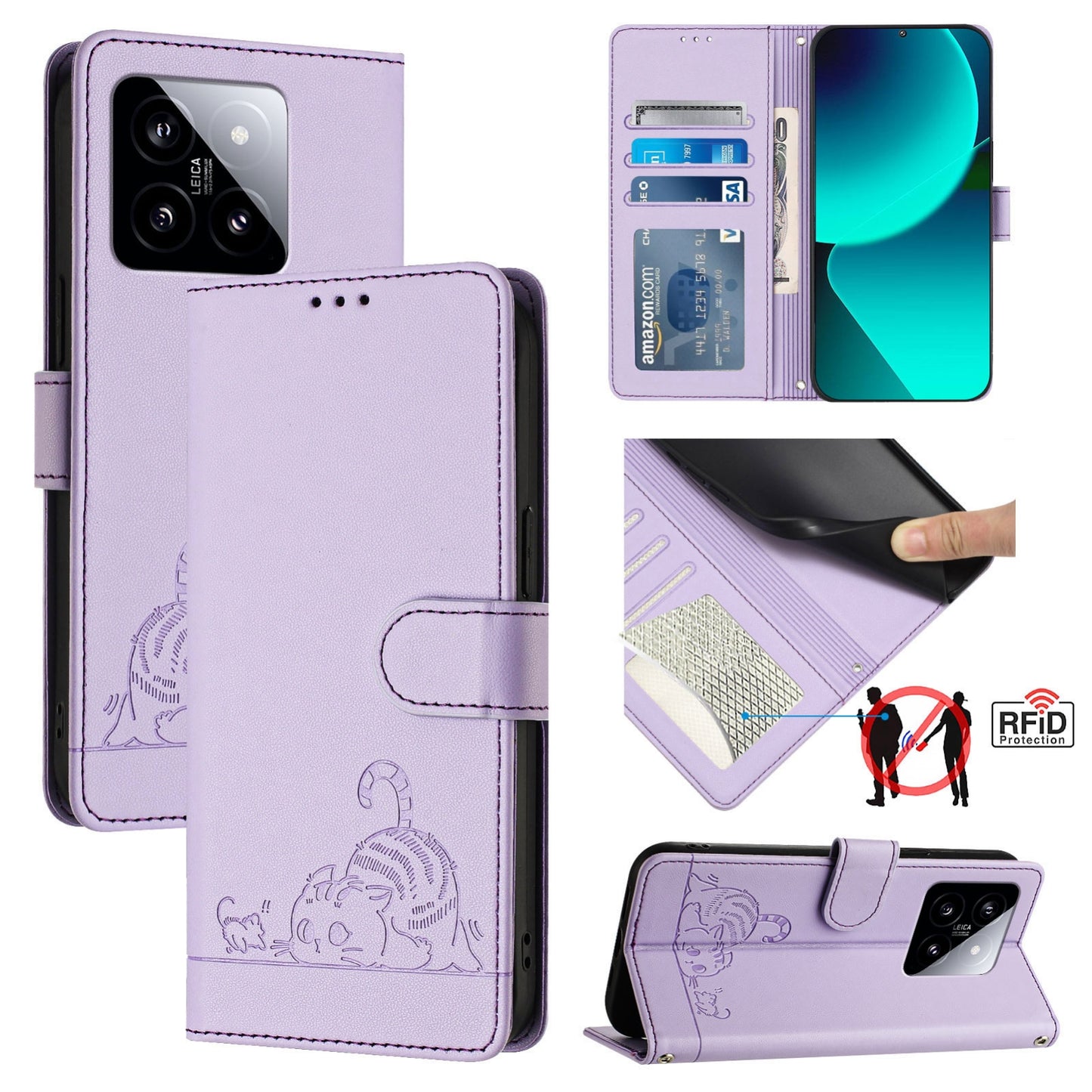 Xiaomi 14 5G Cat and Mouse Embossed PU Leather RFID Case with Wallet Slots, Anti-Fall Protection, Kickstand, and Lanyard-buycases.co.uk