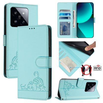 Xiaomi 14 Pro 5G Cat and Mouse Embossed PU Leather RFID Case with Wallet Slots, Anti-Fall Protection, Kickstand, and Lanyard-buycases.co.uk