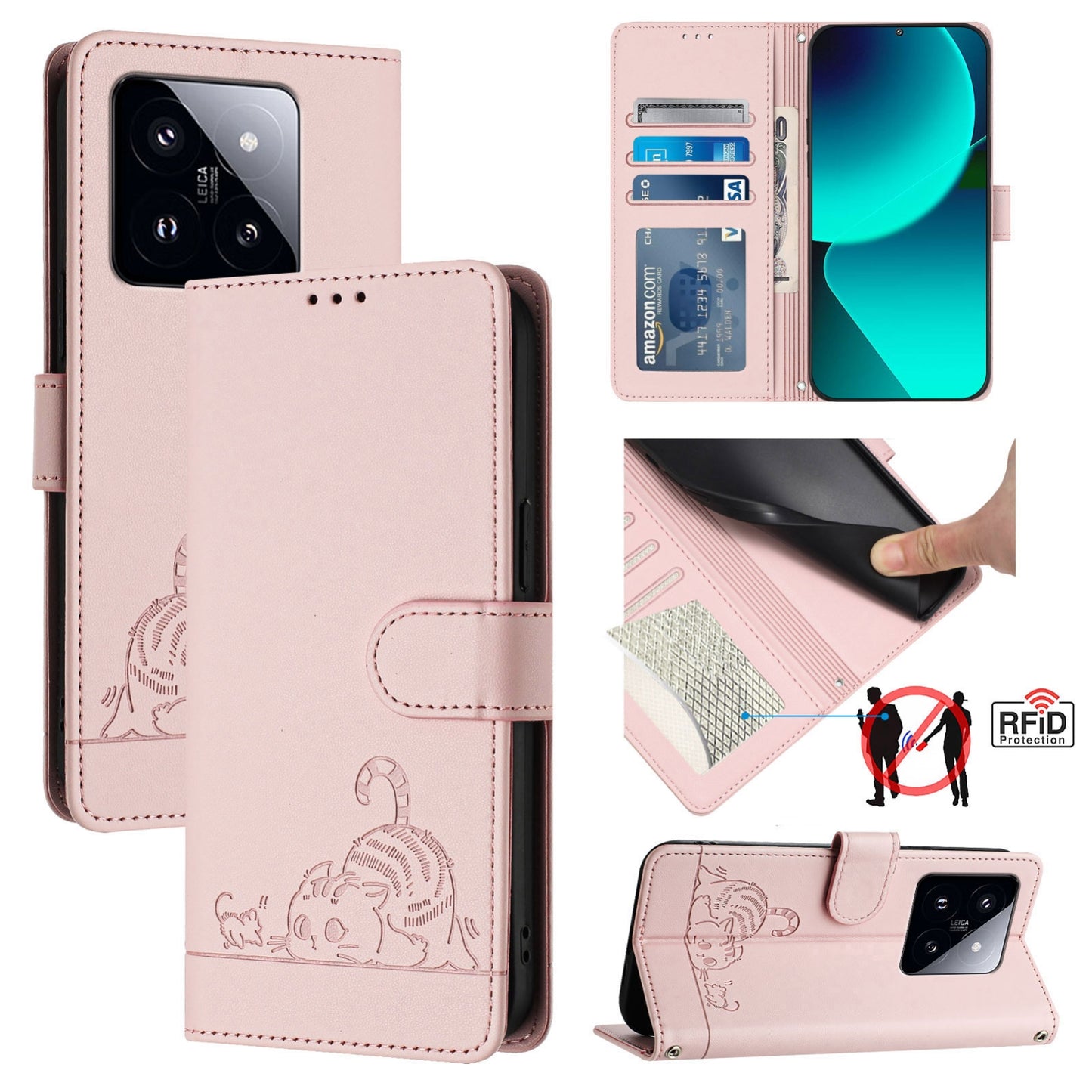 Xiaomi 14 Pro 5G Cat and Mouse Embossed PU Leather RFID Case with Wallet Slots, Anti-Fall Protection, Kickstand, and Lanyard-buycases.co.uk