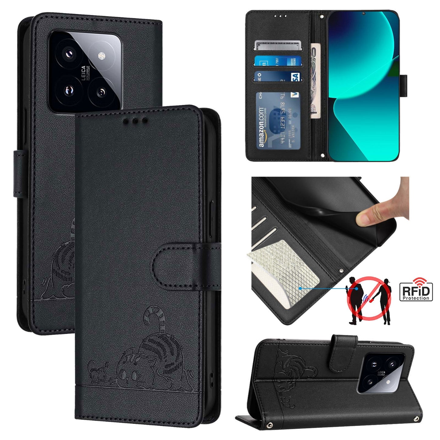 Xiaomi 14 Pro 5G Cat and Mouse Embossed PU Leather RFID Case with Wallet Slots, Anti-Fall Protection, Kickstand, and Lanyard-buycases.co.uk