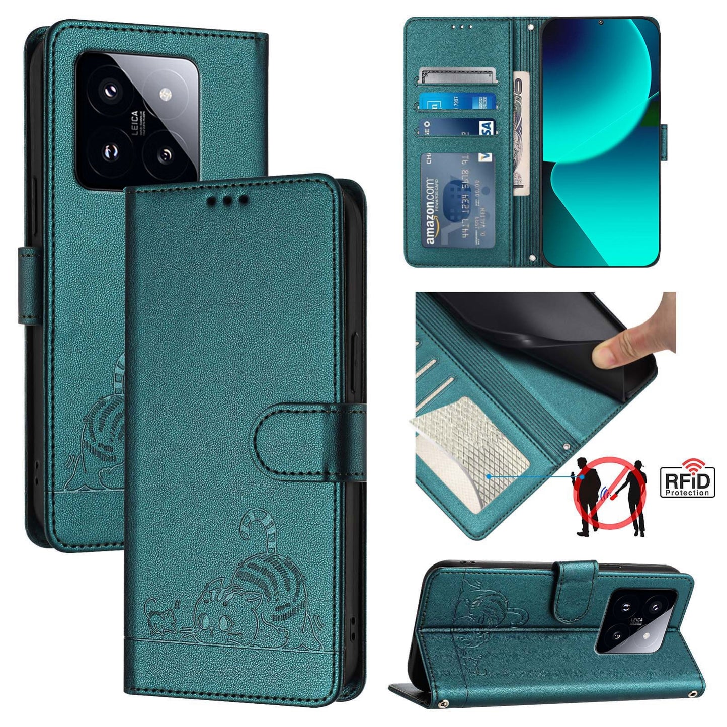 Xiaomi 14 Pro 5G Cat and Mouse Embossed PU Leather RFID Case with Wallet Slots, Anti-Fall Protection, Kickstand, and Lanyard-buycases.co.uk