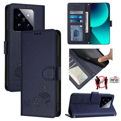 Xiaomi 14 Pro 5G Cat and Mouse Embossed PU Leather RFID Case with Wallet Slots, Anti-Fall Protection, Kickstand, and Lanyard-buycases.co.uk