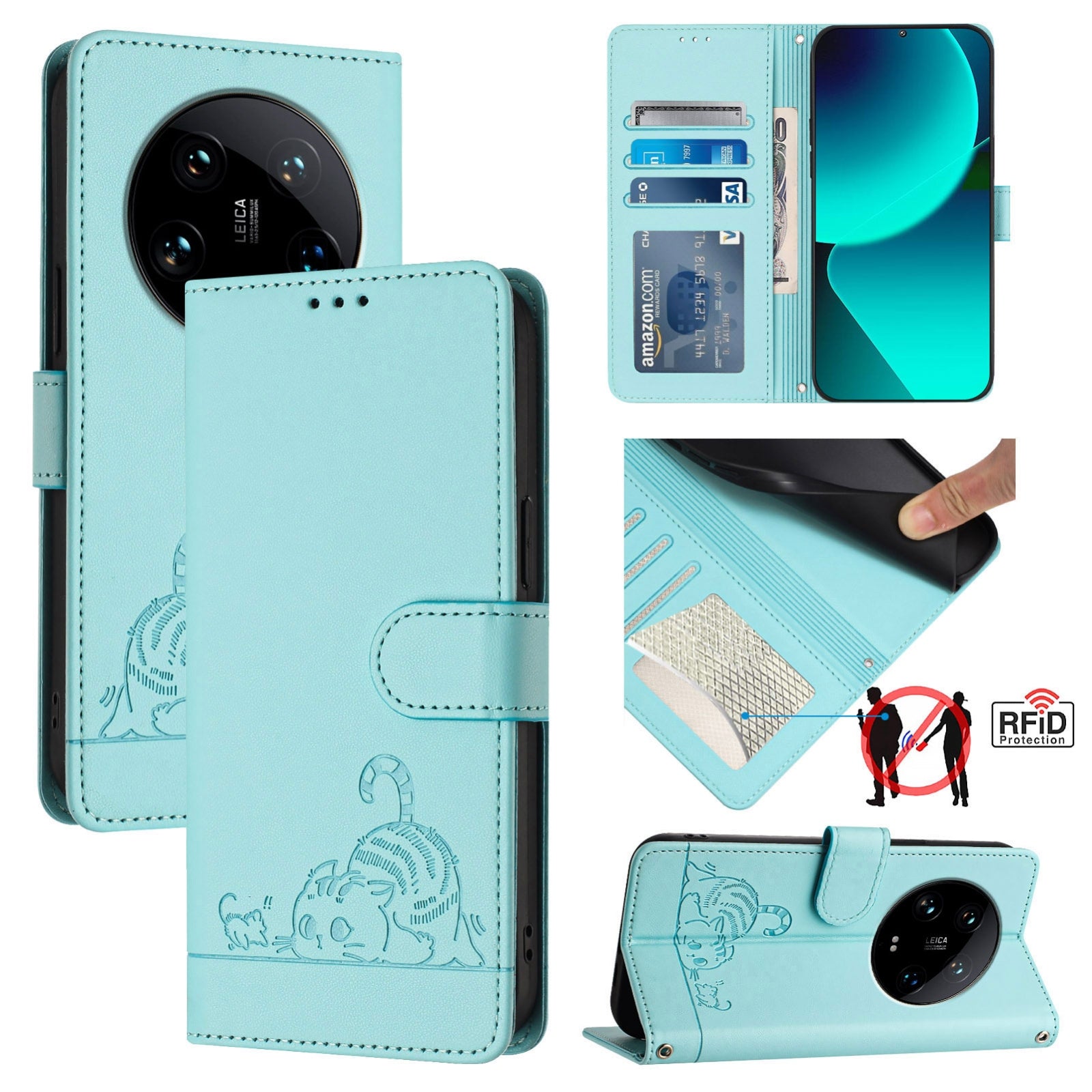 Xiaomi 14 Ultra 5G Global Cat and Mouse Embossed PU Leather RFID Case with Wallet Slots, Anti-Fall Protection, Kickstand, and Lanyard-buycases.co.uk