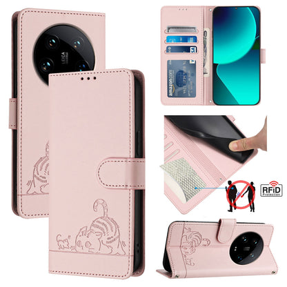 Xiaomi 14 Ultra 5G Global Cat and Mouse Embossed PU Leather RFID Case with Wallet Slots, Anti-Fall Protection, Kickstand, and Lanyard-buycases.co.uk