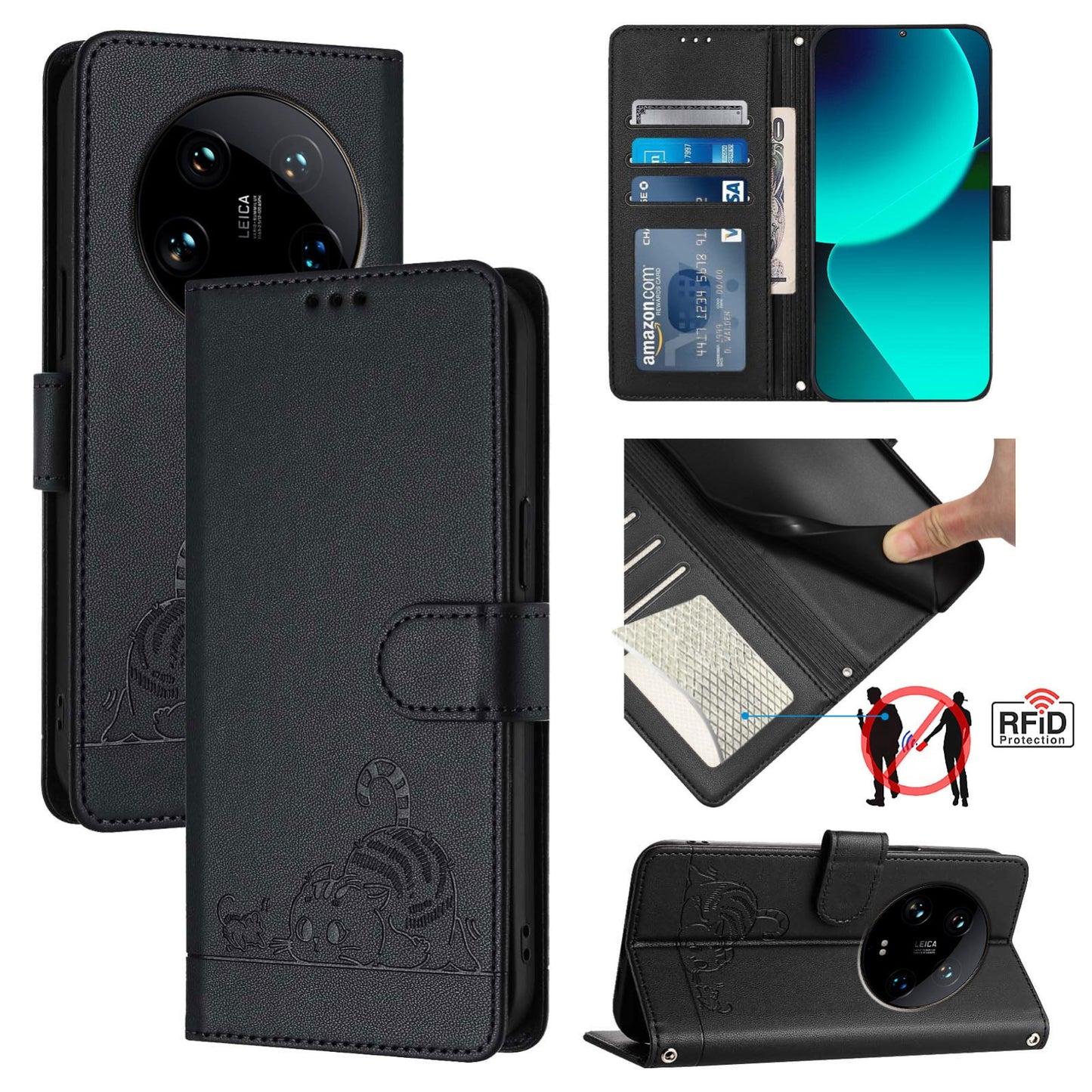 Xiaomi 14 Ultra 5G Global Cat and Mouse Embossed PU Leather RFID Case with Wallet Slots, Anti-Fall Protection, Kickstand, and Lanyard-buycases.co.uk