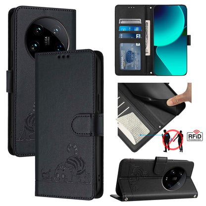 Xiaomi 14 Ultra 5G Global Cat and Mouse Embossed PU Leather RFID Case with Wallet Slots, Anti-Fall Protection, Kickstand, and Lanyard-buycases.co.uk