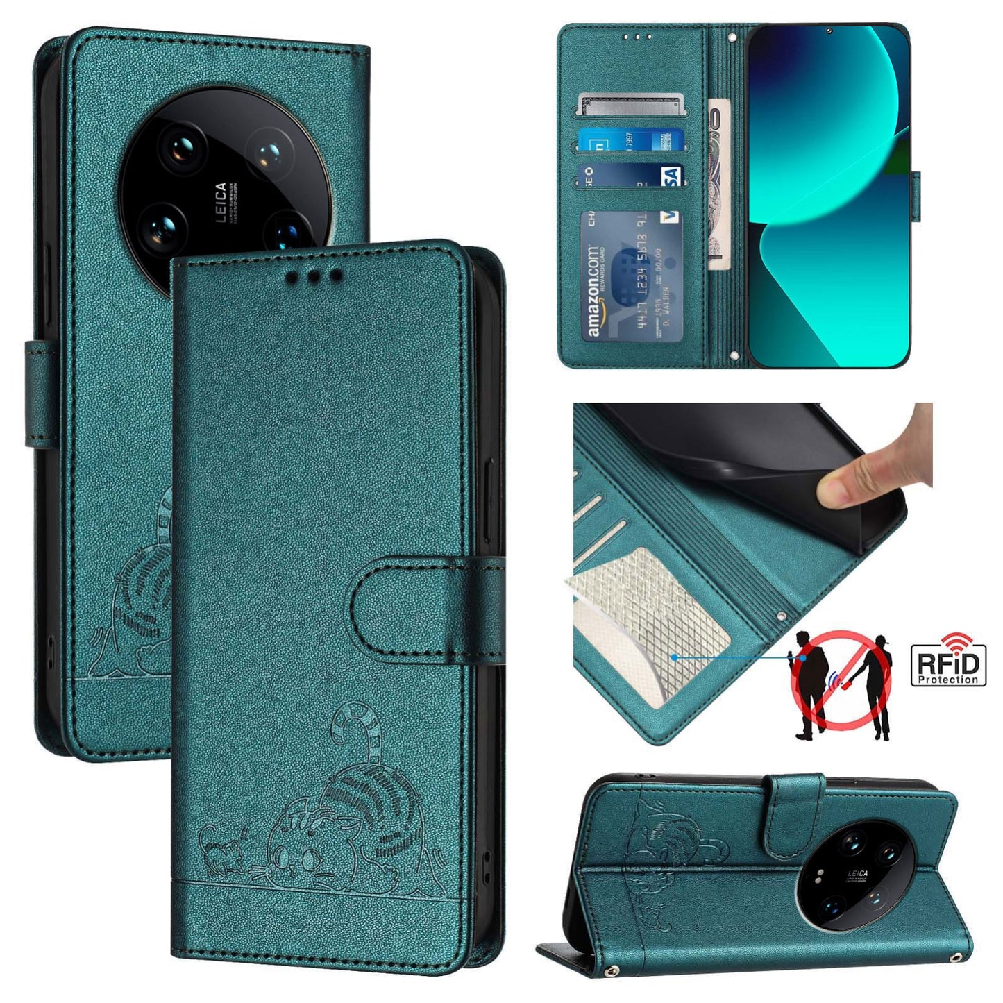 Xiaomi 14 Ultra 5G Global Cat and Mouse Embossed PU Leather RFID Case with Wallet Slots, Anti-Fall Protection, Kickstand, and Lanyard-buycases.co.uk