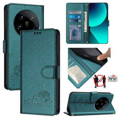 Xiaomi 14 Ultra 5G Global Cat and Mouse Embossed PU Leather RFID Case with Wallet Slots, Anti-Fall Protection, Kickstand, and Lanyard-buycases.co.uk