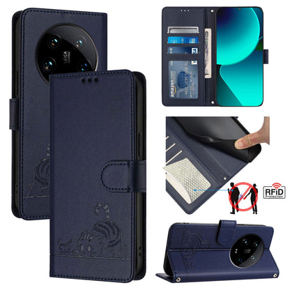 Xiaomi 14 Ultra 5G Global Cat and Mouse Embossed PU Leather RFID Case with Wallet Slots, Anti-Fall Protection, Kickstand, and Lanyard-buycases.co.uk