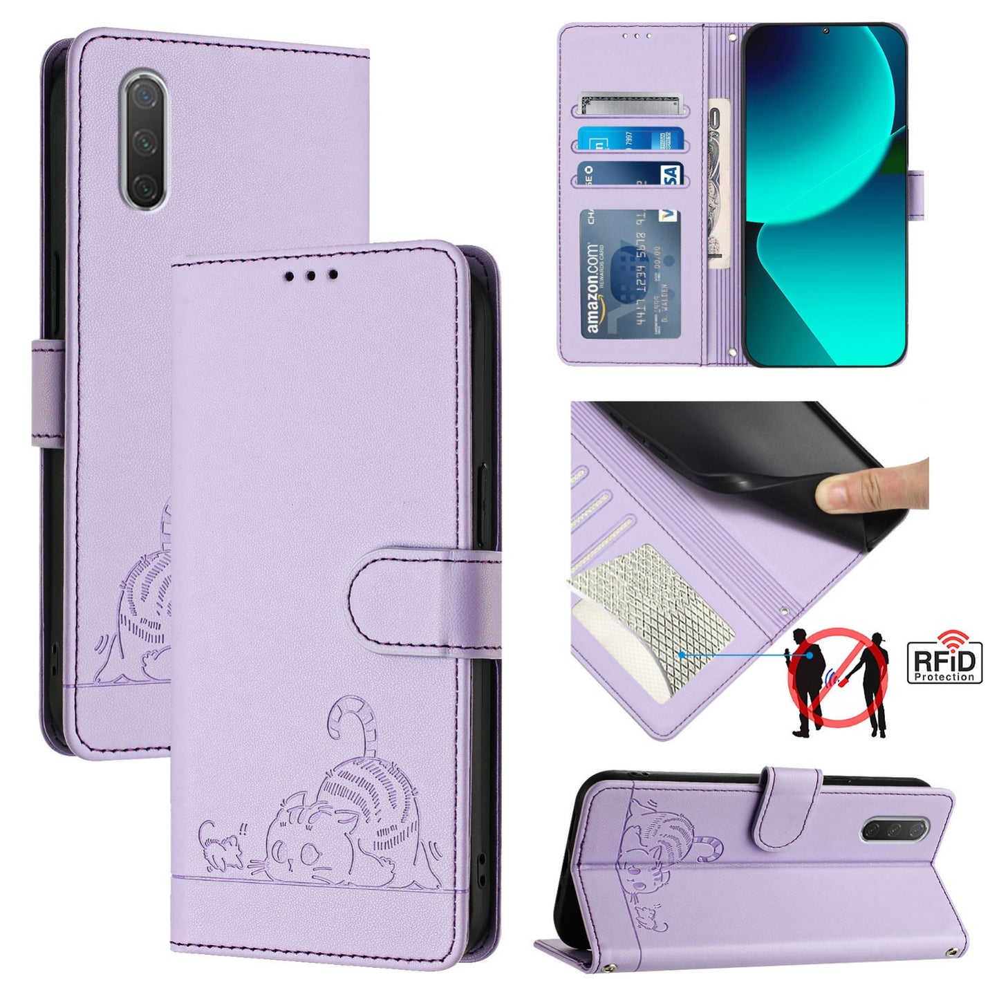 Xiaomi Mi CC9e Cat and Mouse Embossed PU Leather RFID Case with Wallet Slots, Anti-Fall Protection, Kickstand, and Lanyard-buycases.co.uk