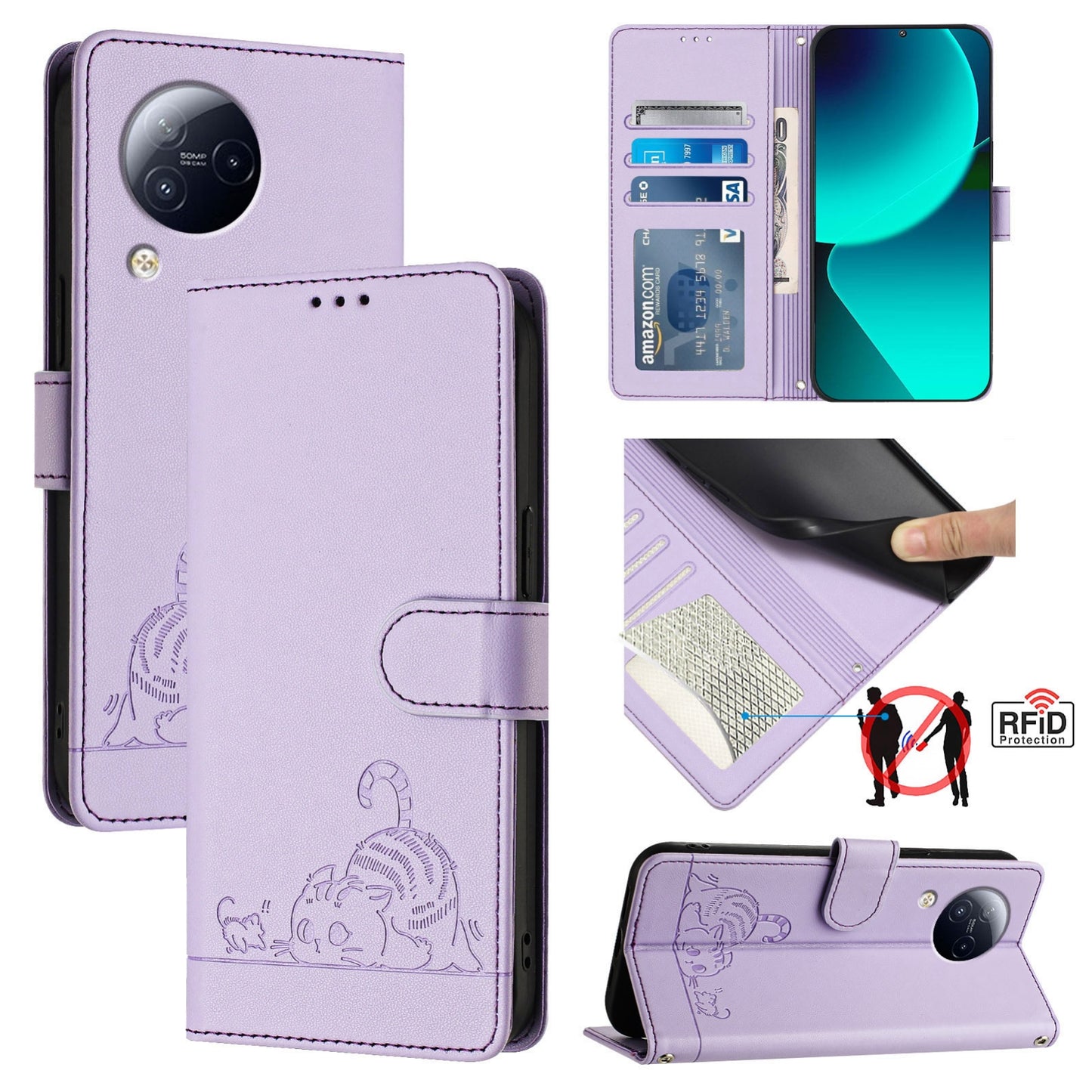 Xiaomi CIVI 3 5G Cat and Mouse Embossed PU Leather RFID Case with Wallet Slots, Anti-Fall Protection, Kickstand, and Lanyard-buycases.co.uk