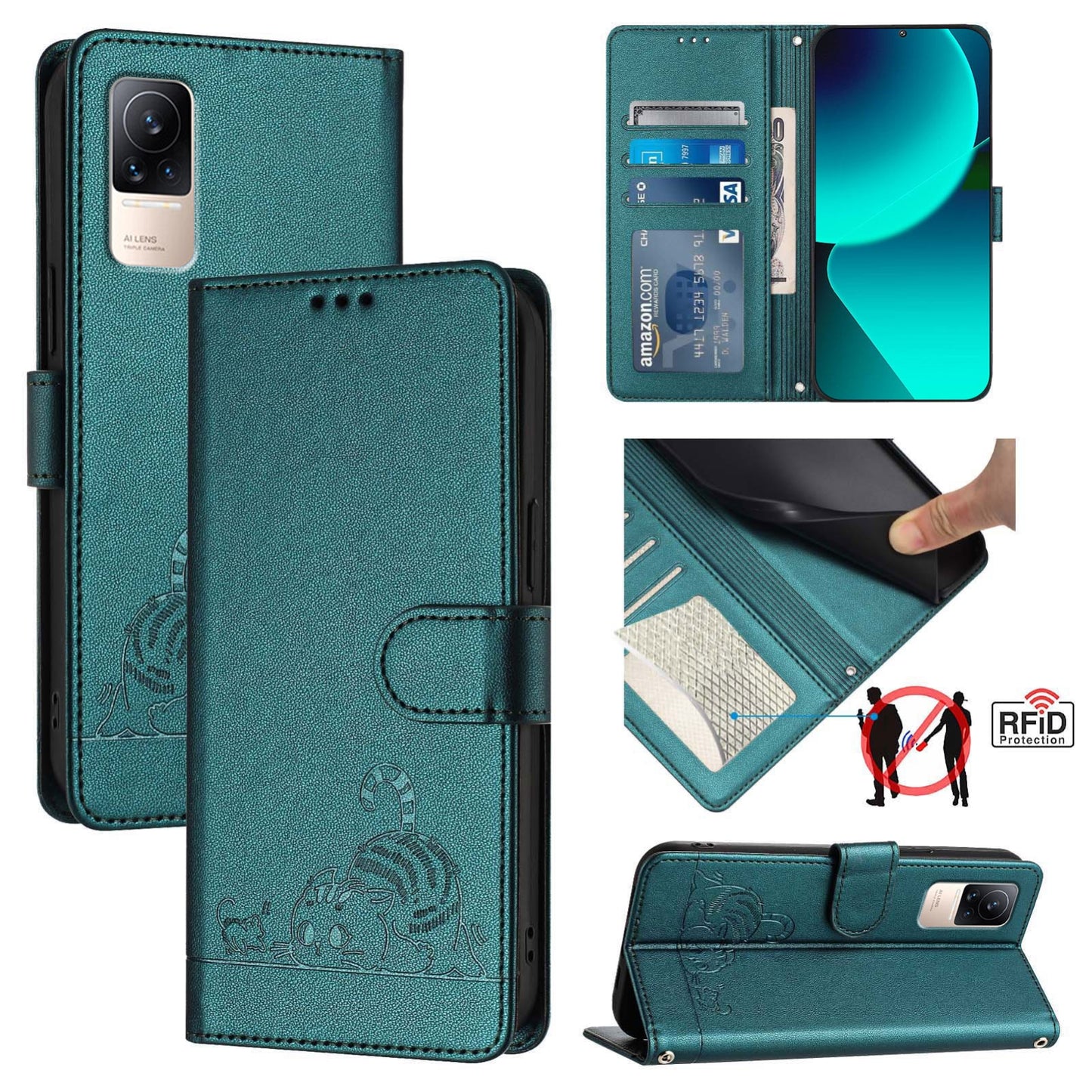 Xiaomi CIVI Cat and Mouse Embossed PU Leather RFID Case with Wallet Slots, Anti-Fall Protection, Kickstand, and Lanyard-buycases.co.uk