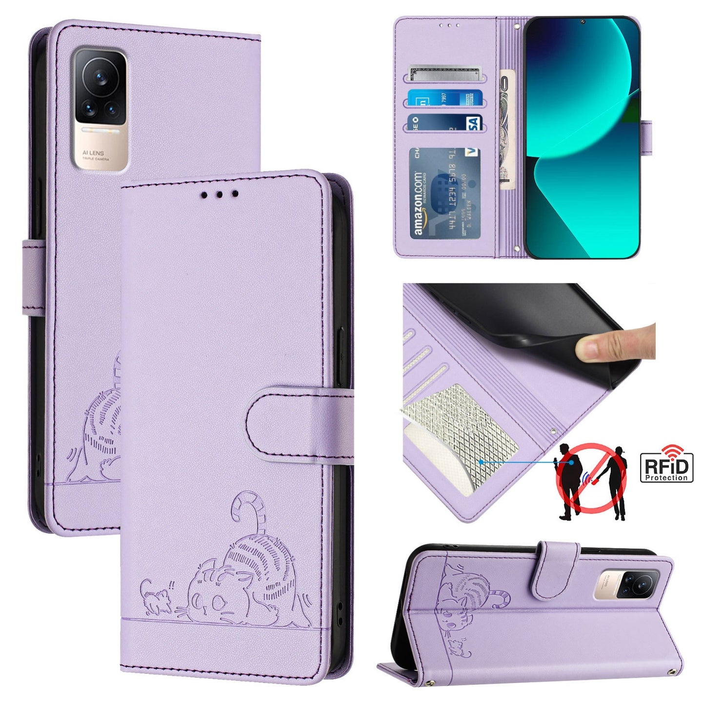 Xiaomi CIVI Cat and Mouse Embossed PU Leather RFID Case with Wallet Slots, Anti-Fall Protection, Kickstand, and Lanyard-buycases.co.uk
