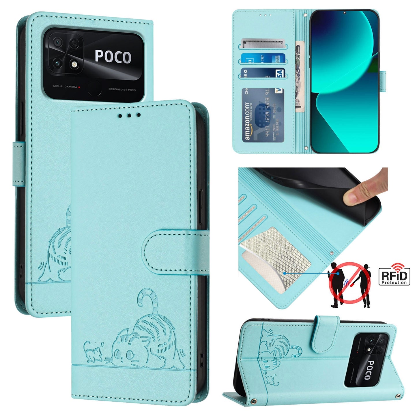 Xiaomi POCO C40 Cat and Mouse Embossed PU Leather RFID Case with Wallet Slots, Anti-Fall Protection, Kickstand, and Lanyard-buycases.co.uk