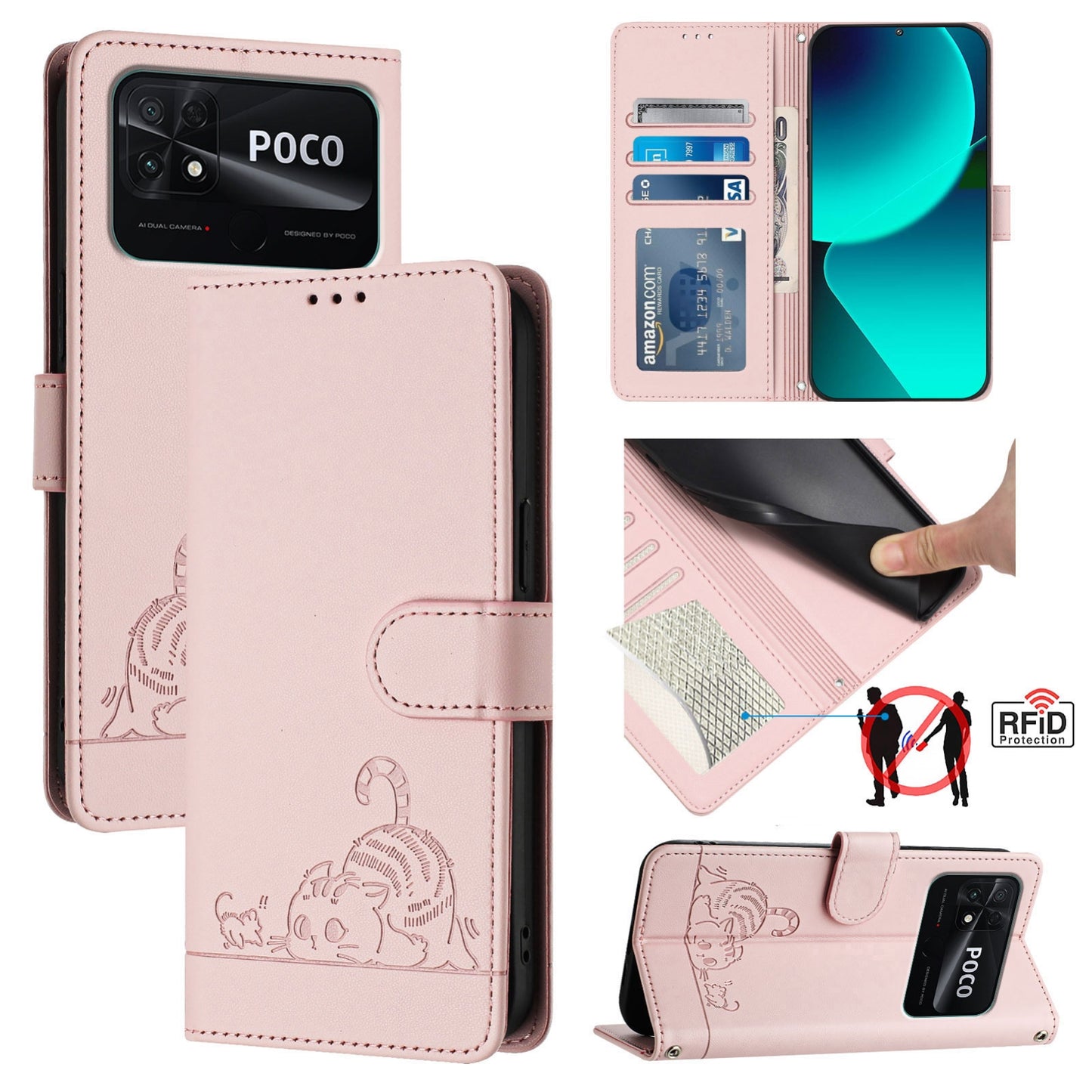 Xiaomi Redmi 10C Cat and Mouse Embossed PU Leather RFID Case with Wallet Slots, Anti-Fall Protection, Kickstand, and Lanyard-buycases.co.uk