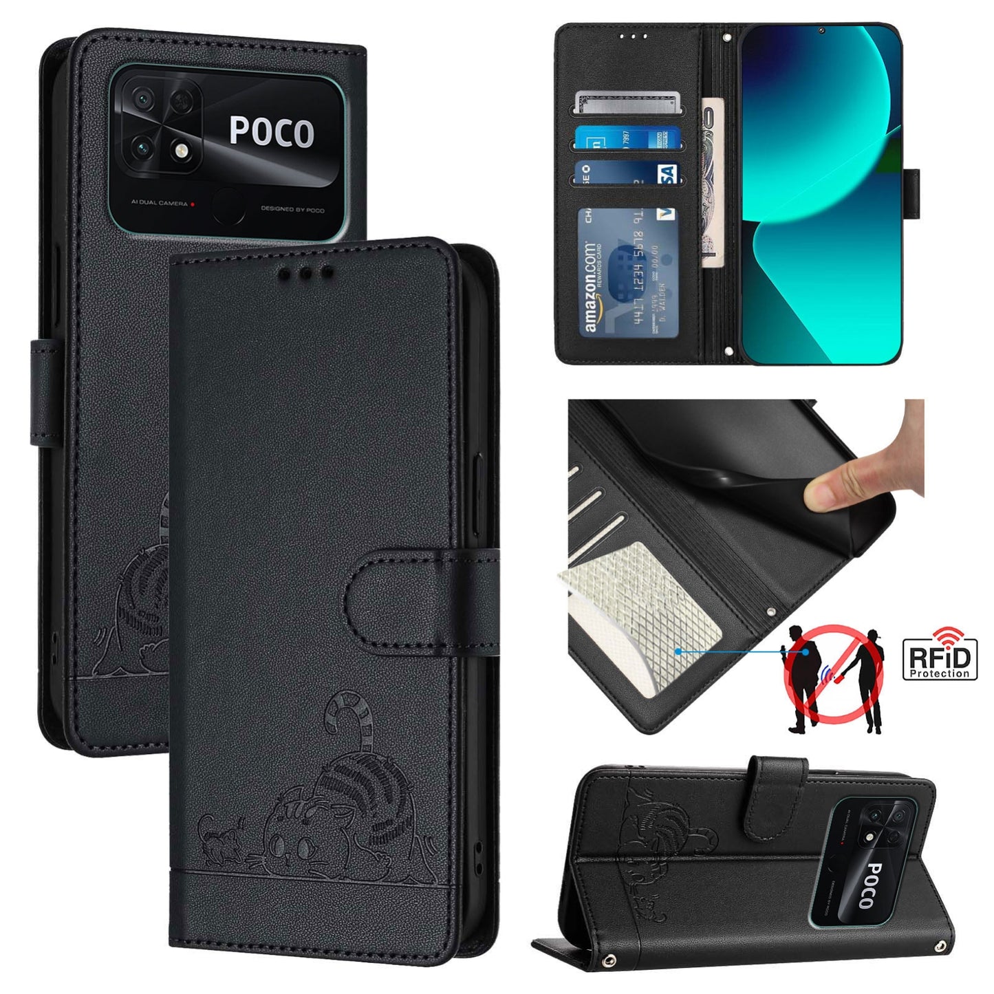 Xiaomi Redmi 10C Cat and Mouse Embossed PU Leather RFID Case with Wallet Slots, Anti-Fall Protection, Kickstand, and Lanyard-buycases.co.uk