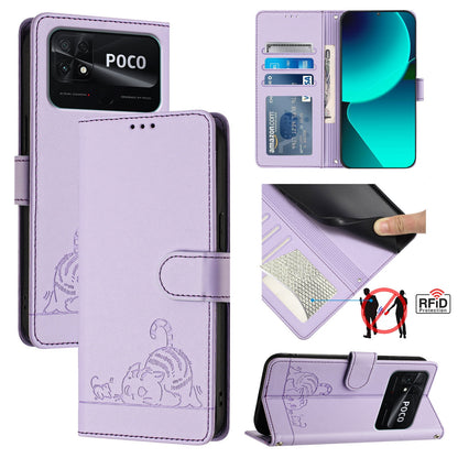 Xiaomi Redmi 10C Cat and Mouse Embossed PU Leather RFID Case with Wallet Slots, Anti-Fall Protection, Kickstand, and Lanyard-buycases.co.uk