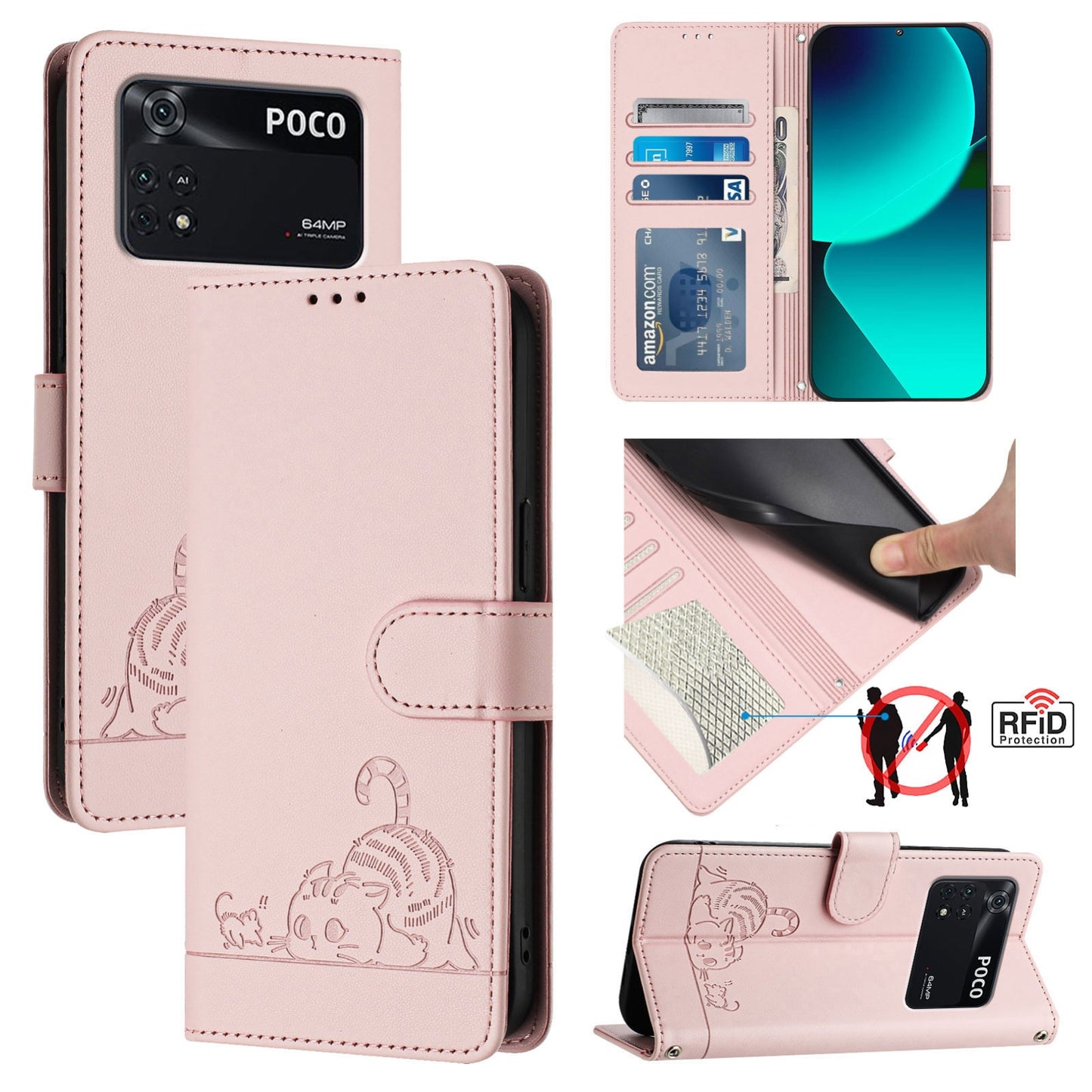 Xiaomi POCO M4 Pro 4G Cat and Mouse Embossed PU Leather RFID Case with Wallet Slots, Anti-Fall Protection, Kickstand, and Lanyard-buycases.co.uk