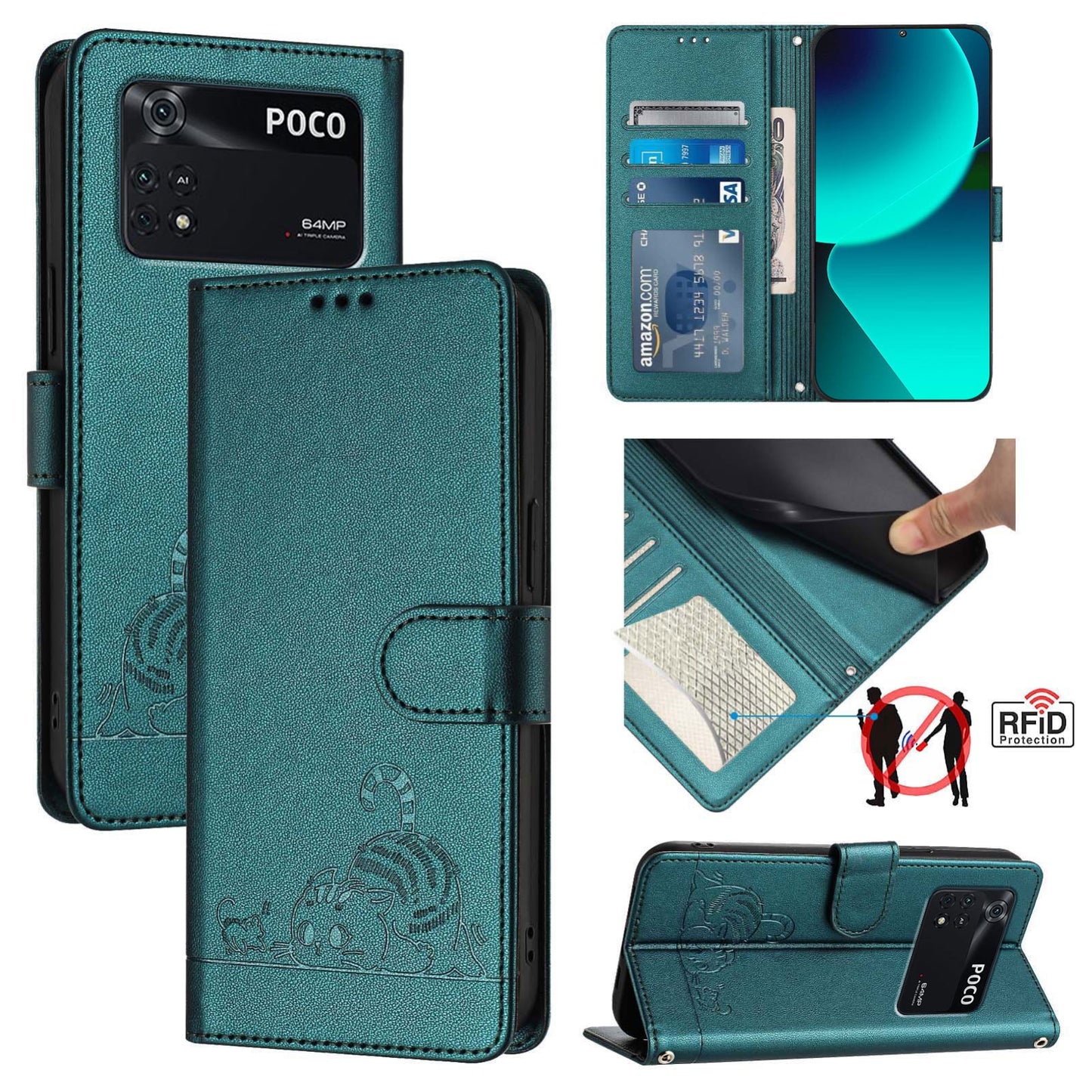 Xiaomi POCO M4 Pro 4G Cat and Mouse Embossed PU Leather RFID Case with Wallet Slots, Anti-Fall Protection, Kickstand, and Lanyard-buycases.co.uk