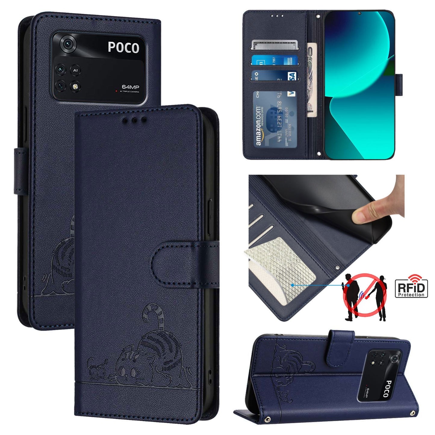 Xiaomi POCO M4 Pro 4G Cat and Mouse Embossed PU Leather RFID Case with Wallet Slots, Anti-Fall Protection, Kickstand, and Lanyard-buycases.co.uk