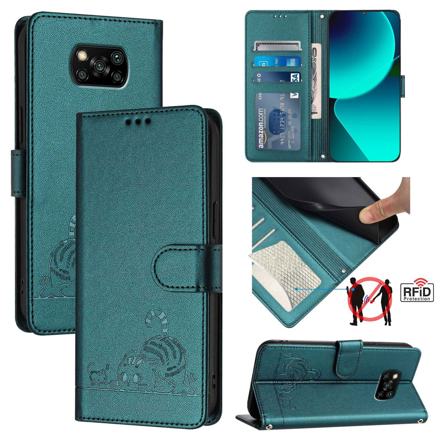 Xiaomi POCO X3 Cat and Mouse Embossed PU Leather RFID Case with Wallet Slots, Anti-Fall Protection, Kickstand, and Lanyard-buycases.co.uk
