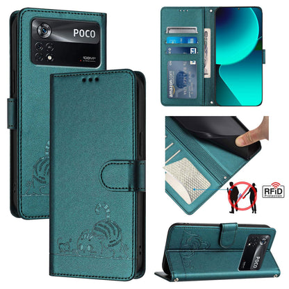 Xiaomi POCO X4 Pro 5G Cat and Mouse Embossed PU Leather RFID Case with Wallet Slots, Anti-Fall Protection, Kickstand, and Lanyard-buycases.co.uk