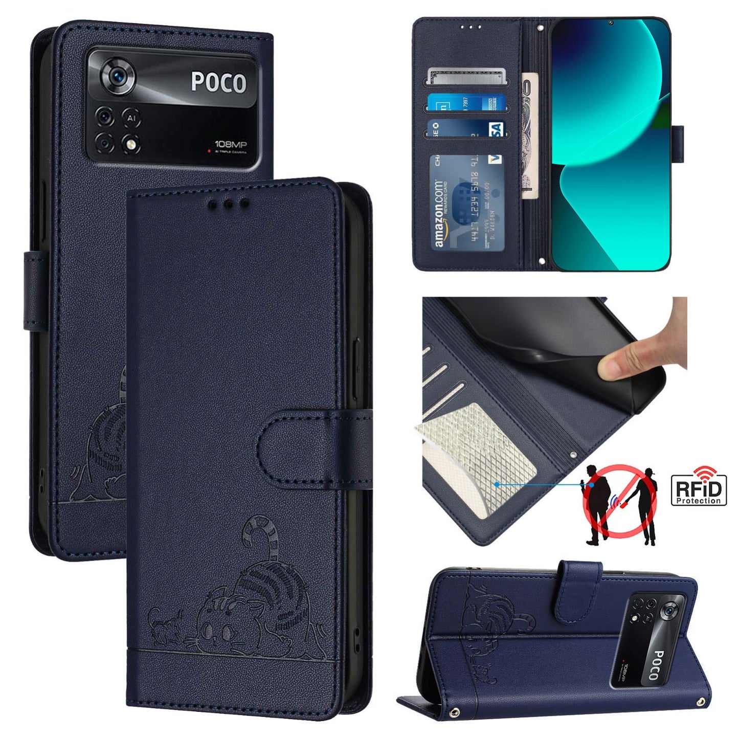 Xiaomi POCO X4 Pro 5G Cat and Mouse Embossed PU Leather RFID Case with Wallet Slots, Anti-Fall Protection, Kickstand, and Lanyard-buycases.co.uk