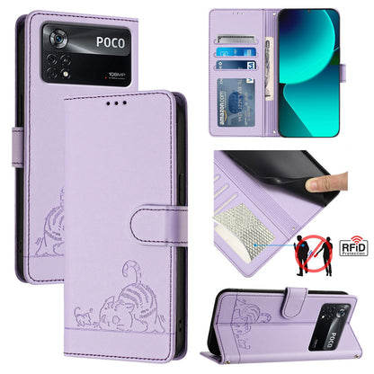 Xiaomi POCO X4 Pro 5G Cat and Mouse Embossed PU Leather RFID Case with Wallet Slots, Anti-Fall Protection, Kickstand, and Lanyard-buycases.co.uk
