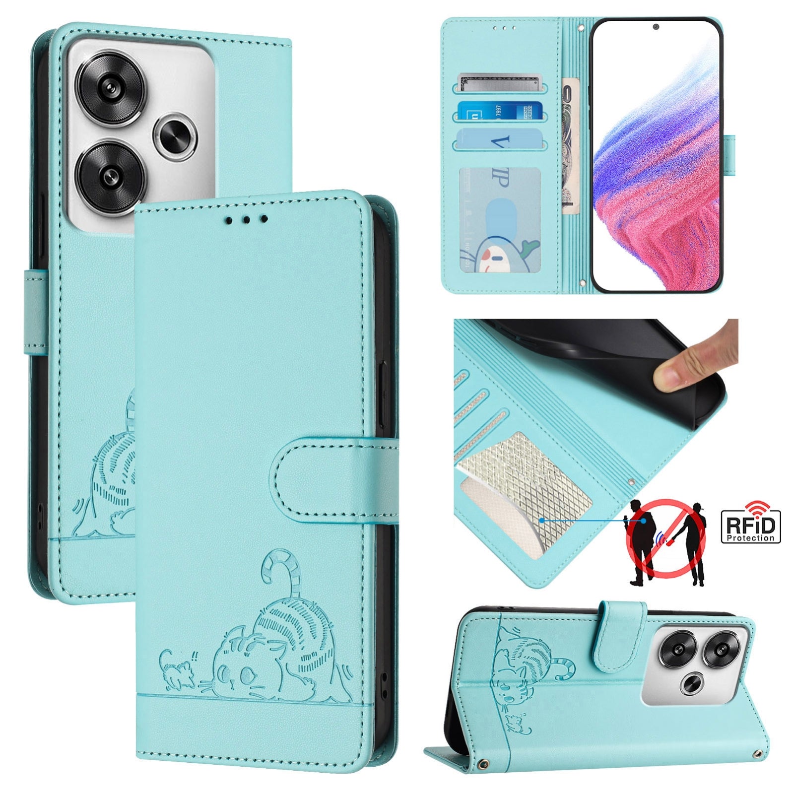 Xiaomi POCO F6 5G Cat and Mouse Embossed PU Leather RFID Case with Wallet Slots, Anti-Fall Protection, Kickstand, and Lanyard-buycases.co.uk