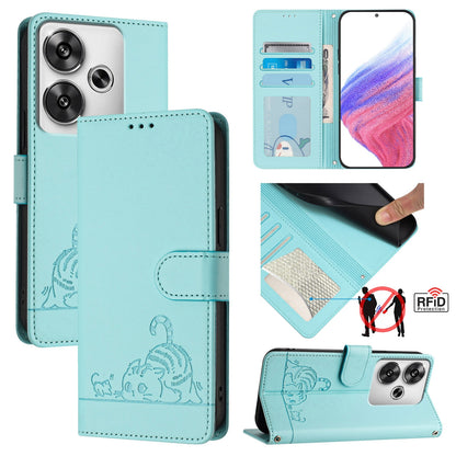 Xiaomi POCO F6 5G Cat and Mouse Embossed PU Leather RFID Case with Wallet Slots, Anti-Fall Protection, Kickstand, and Lanyard-buycases.co.uk