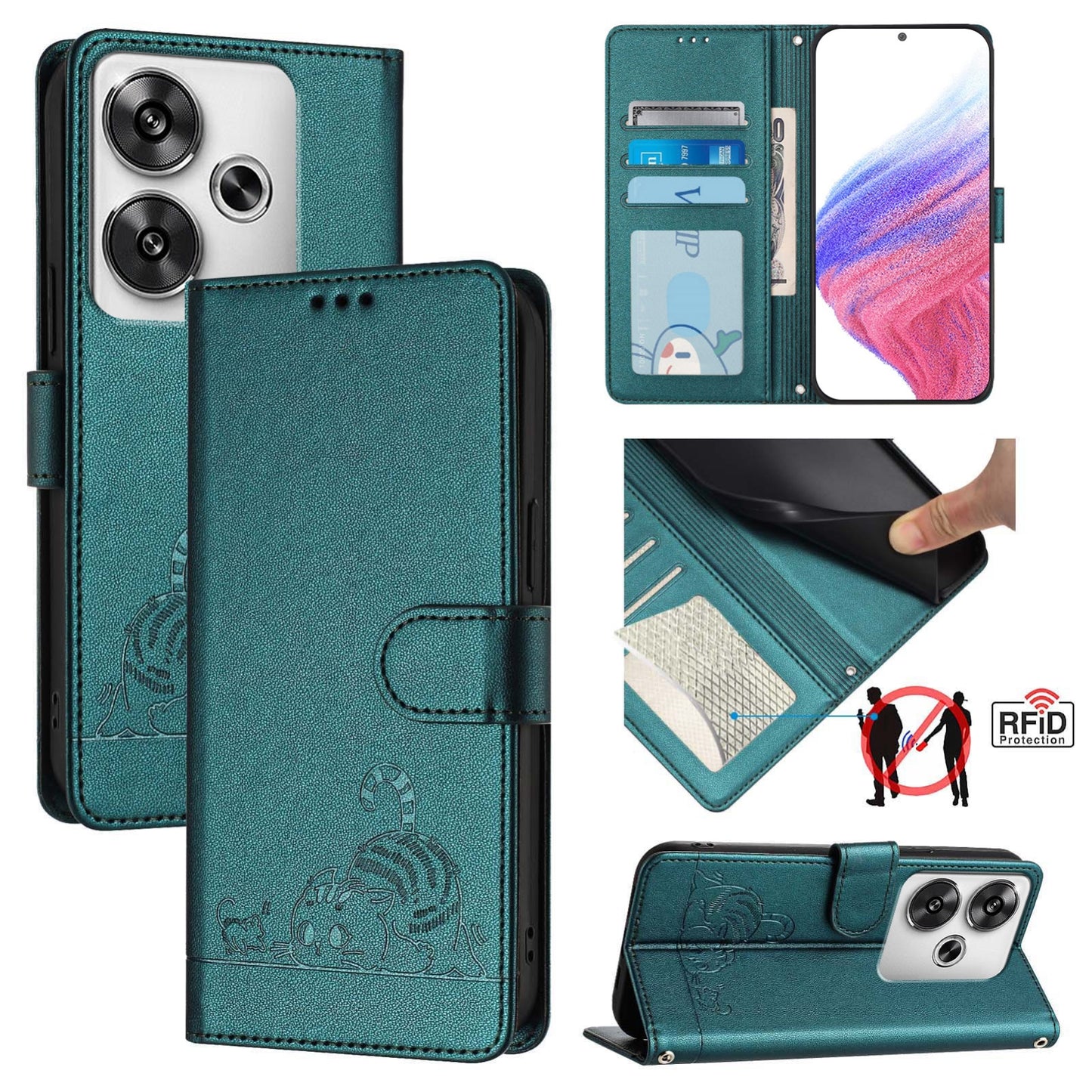 Xiaomi POCO F6 5G Cat and Mouse Embossed PU Leather RFID Case with Wallet Slots, Anti-Fall Protection, Kickstand, and Lanyard-buycases.co.uk
