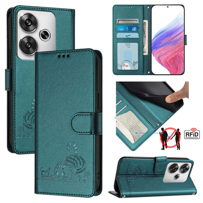 Xiaomi POCO F6 5G Cat and Mouse Embossed PU Leather RFID Case with Wallet Slots, Anti-Fall Protection, Kickstand, and Lanyard-buycases.co.uk