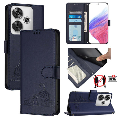Xiaomi POCO F6 5G Cat and Mouse Embossed PU Leather RFID Case with Wallet Slots, Anti-Fall Protection, Kickstand, and Lanyard-buycases.co.uk
