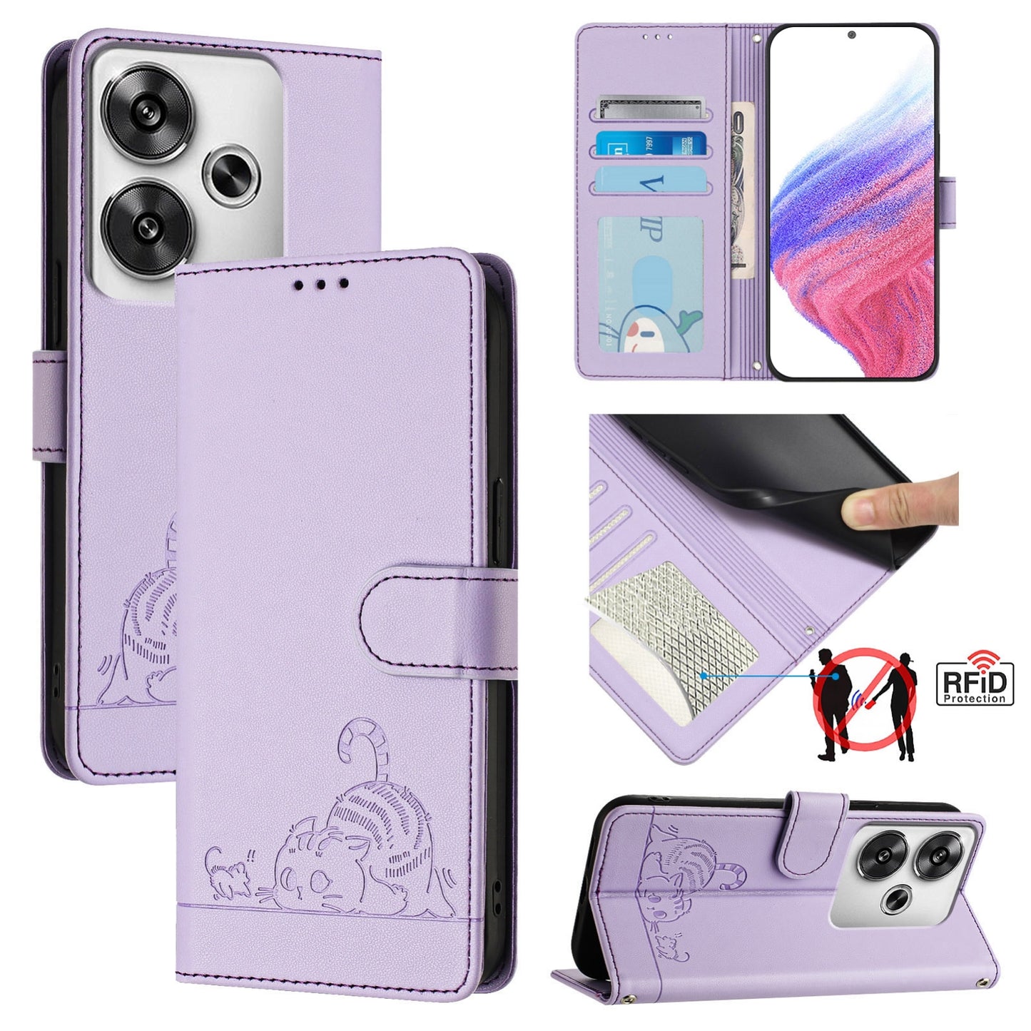Xiaomi POCO F6 5G Cat and Mouse Embossed PU Leather RFID Case with Wallet Slots, Anti-Fall Protection, Kickstand, and Lanyard-buycases.co.uk