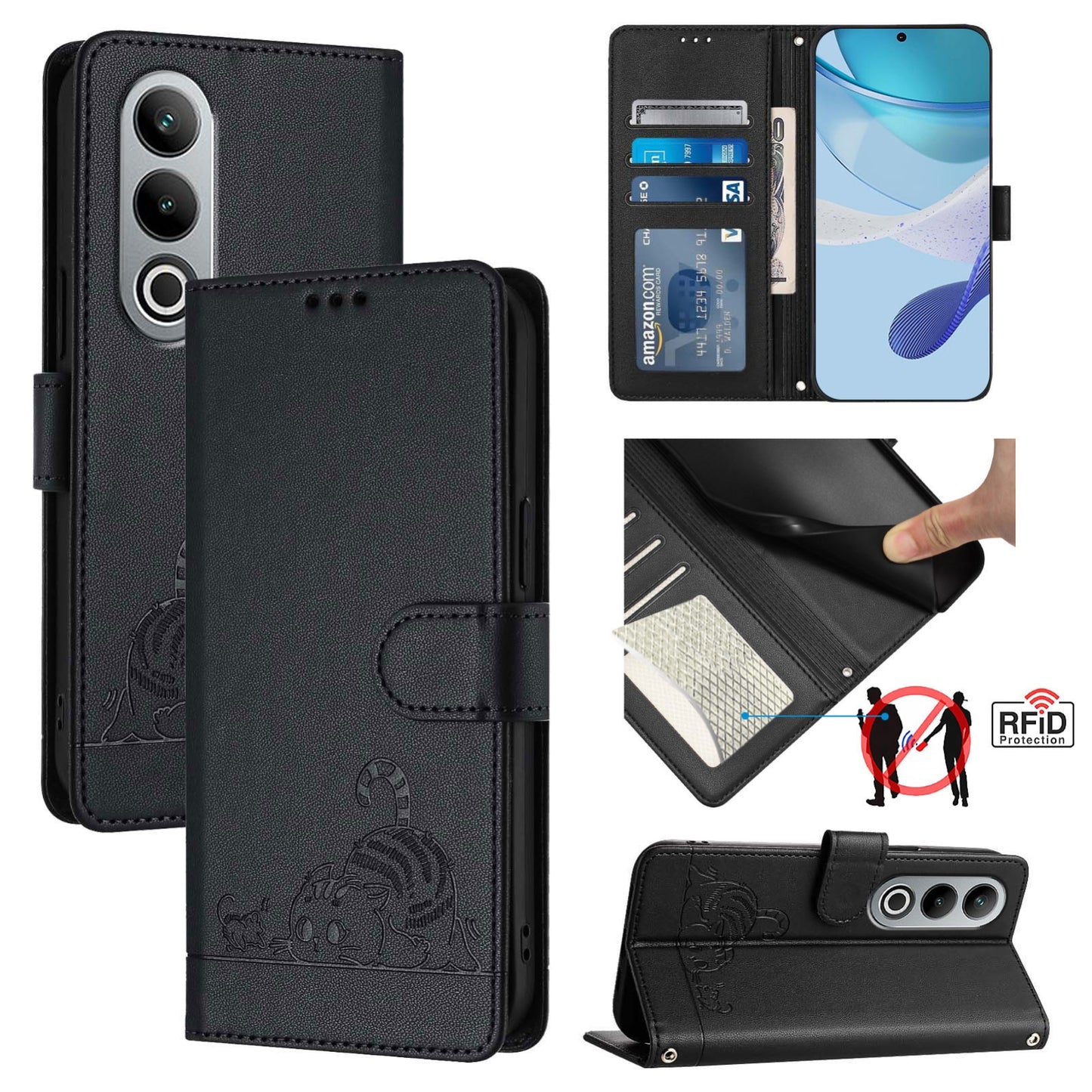 OnePlus Nord CE4 5G Cat and Mouse Embossed PU Leather RFID Case with Wallet Slots, Anti-Fall Protection, Kickstand, and Lanyard-buycases.co.uk